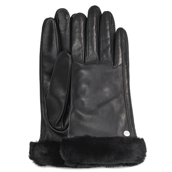 UGG Shorty Sheepskin Shearling-Cuff Black Leather Gloves Size Small - Picture 2 of 7